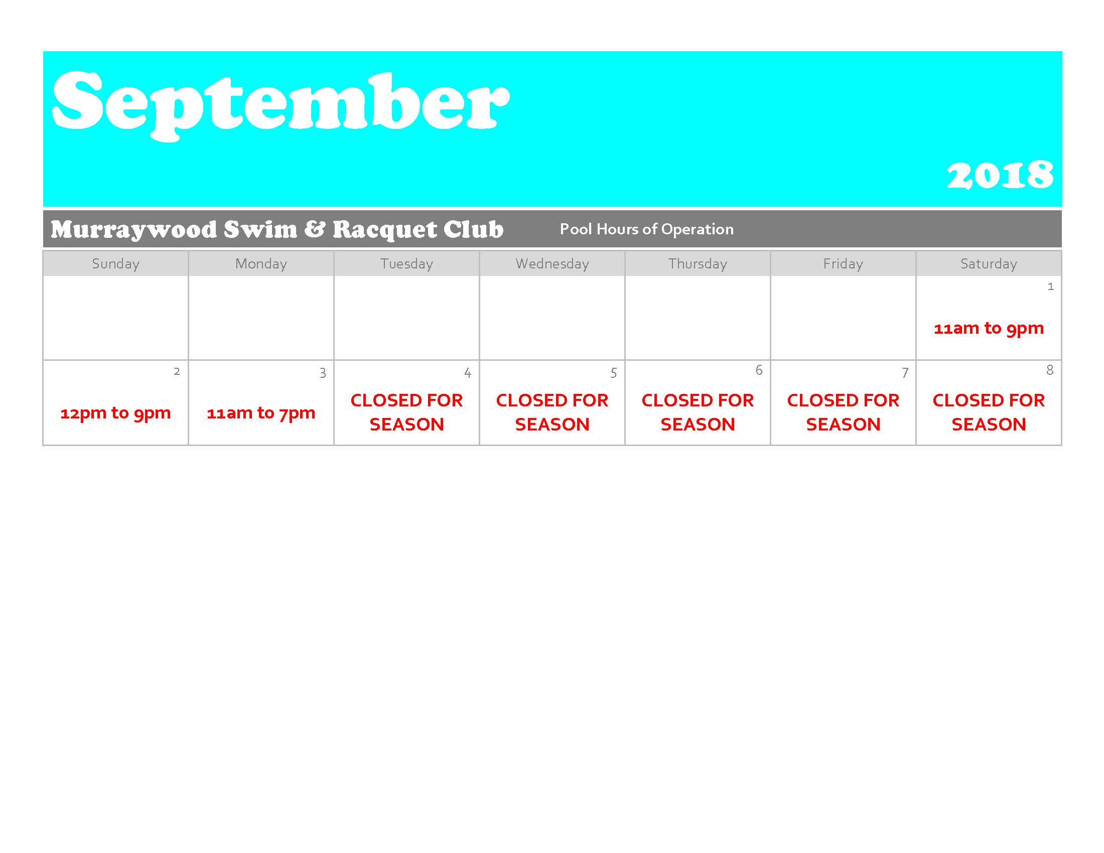 Pool Hours September 2018 | Murraywood Swim & Racquet Club